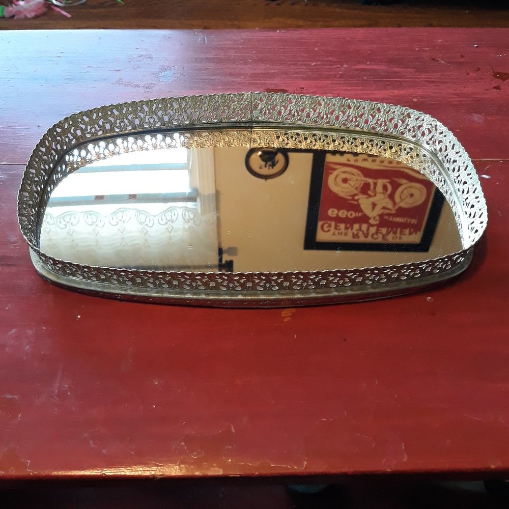 Vintage Mid Century Mirrored Vanity Tray Brass Filigree